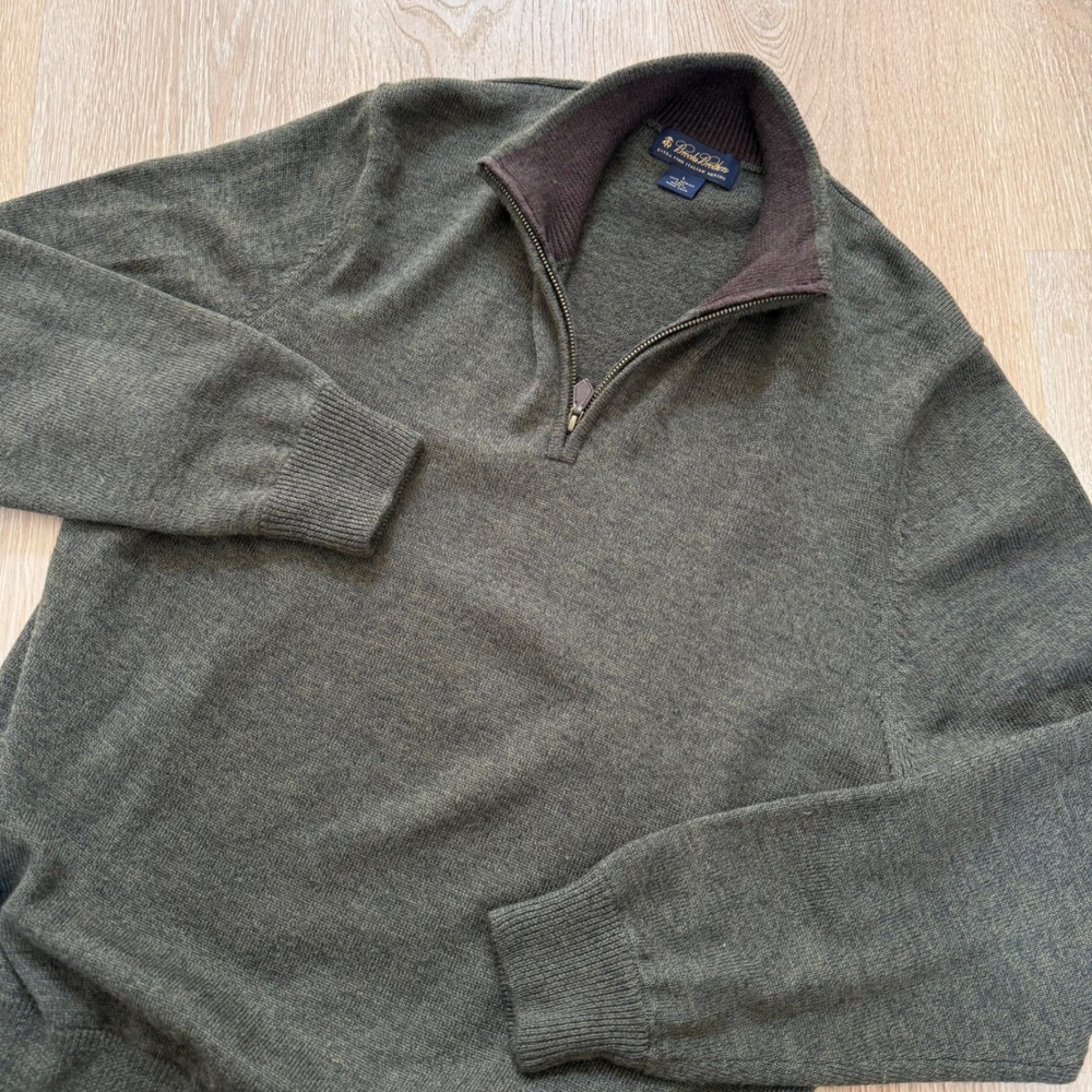 Brooks Brothers 1/4 Zip Sweater Mens L Olive Green Italian Merino Wool Pullover